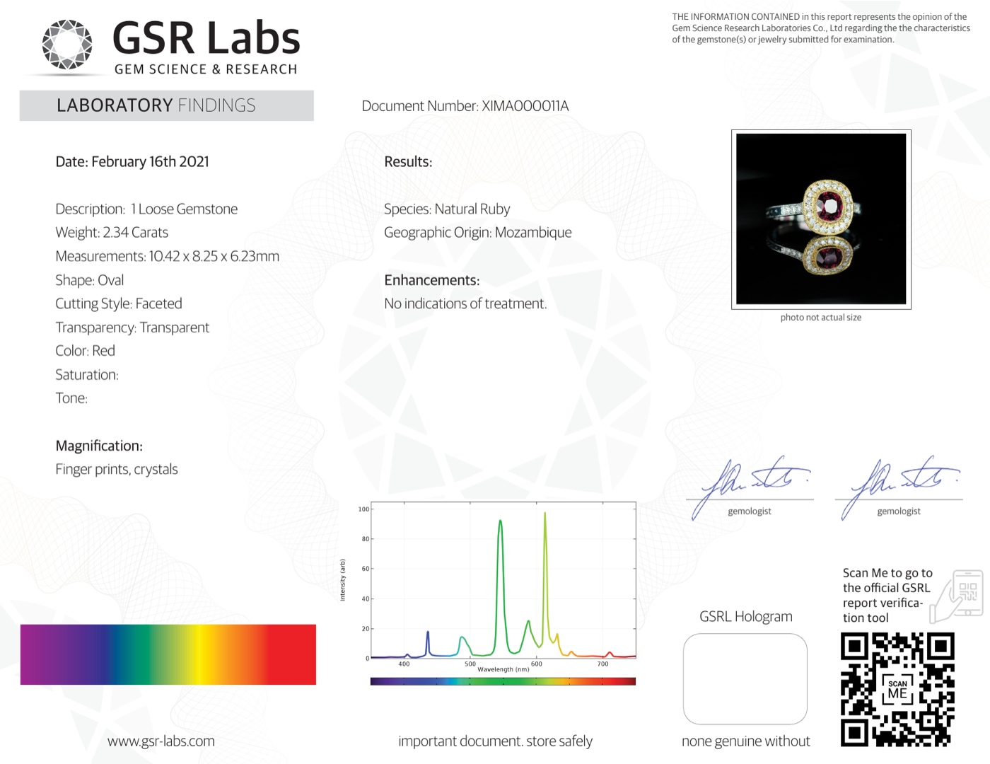 Example GSR Labs gemstone certificate