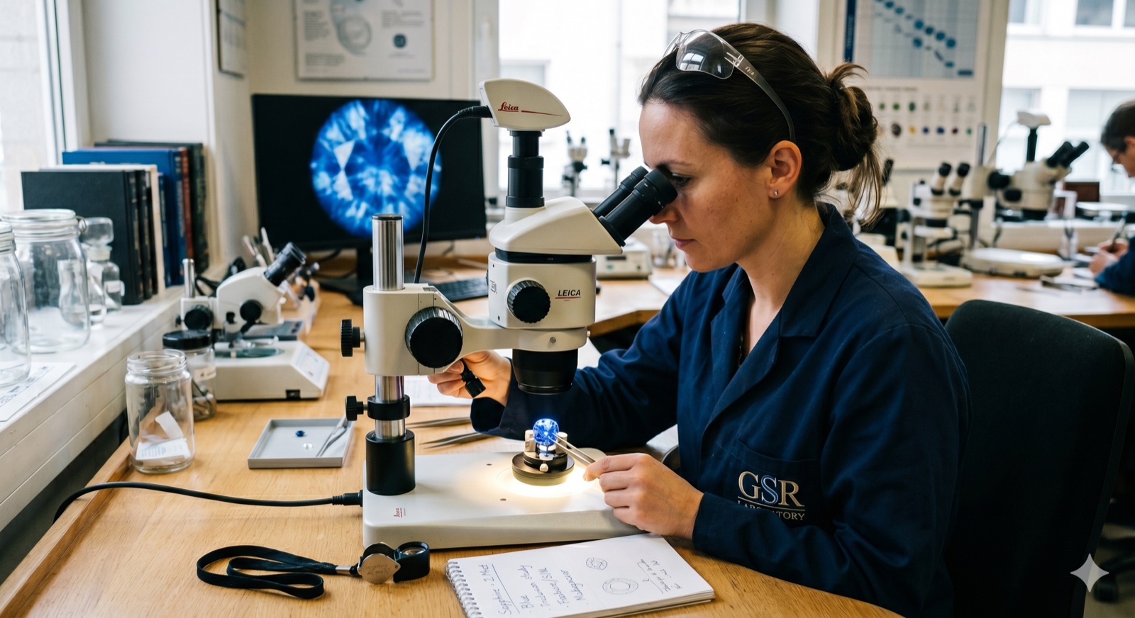 GSR Labs gemologist examining a gemstone under a Leica microscope